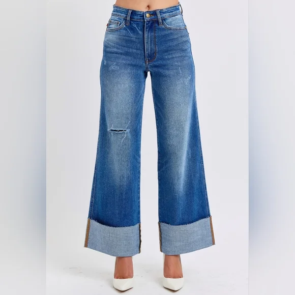 Judy Blue High-Rise Torn Boyfriend Jeans Ultra Wide Leg Cuff Raw Hem Denim Pants - Picture 14 of 16